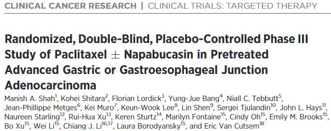Clin Cancer Res：紫杉醇加用Napabucasin治療晚期胃/胃食管交界腺癌的療效
