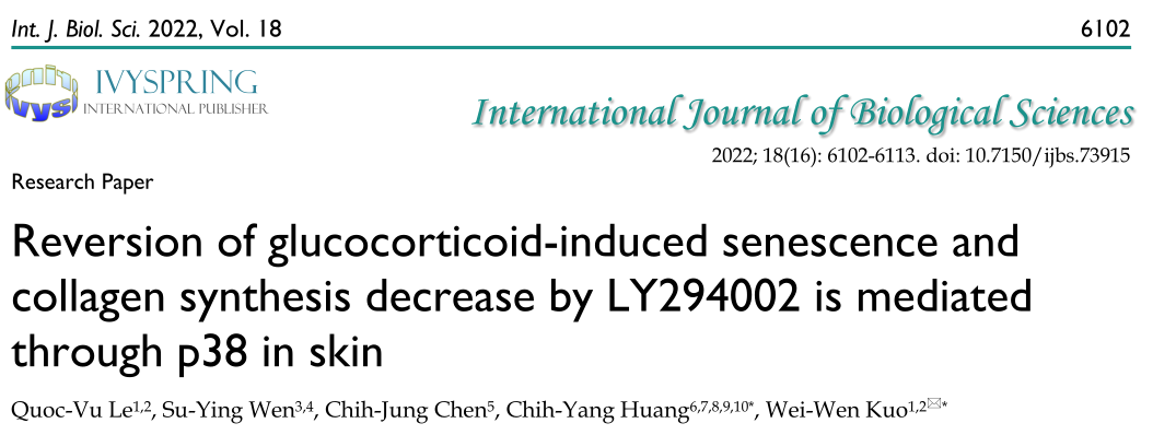 Int. J. Biol. Sci: LY294002通過皮膚p38逆轉(zhuǎn)糖皮質(zhì)激素誘導(dǎo)的衰老和膠原合成減少